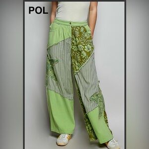 POL Green Patchwork Wide Leg Pants